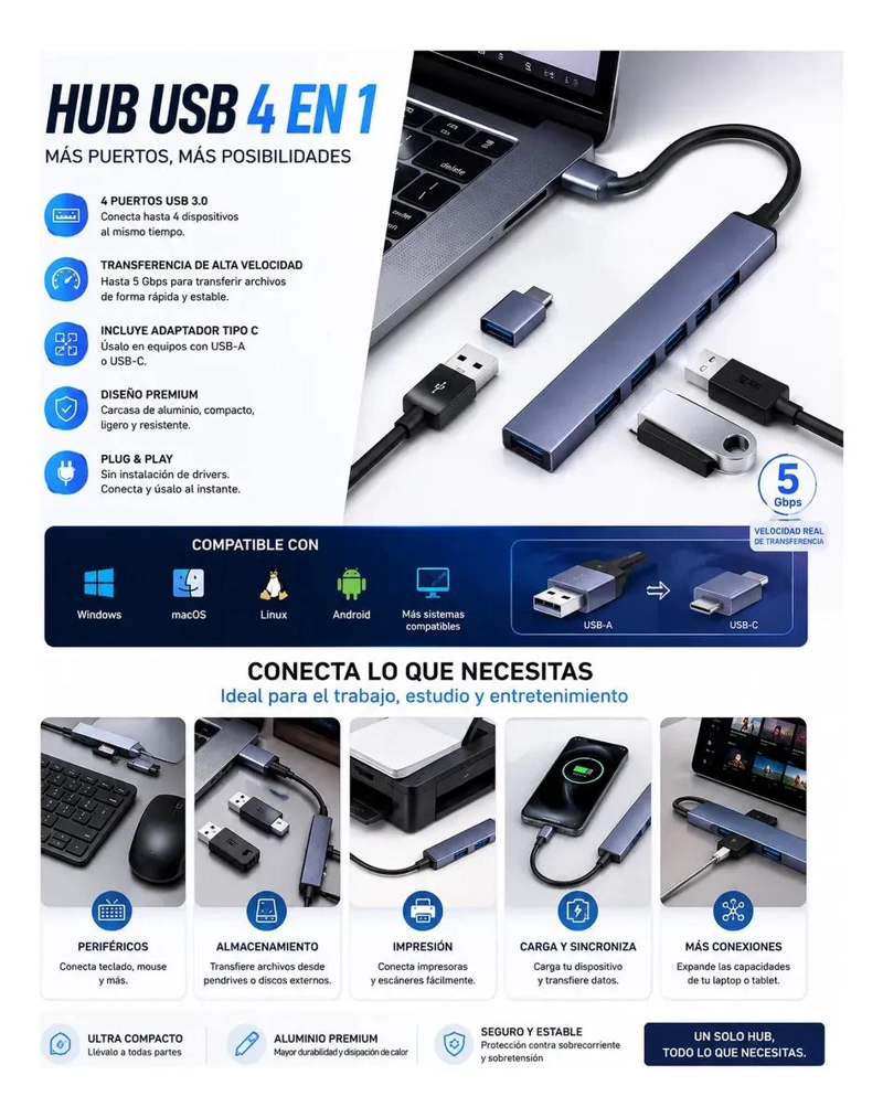 HUB USB 4 PUERTOS CON ADAPTADOR TIPO C PARA CONEXIONES MULTIPLES - 1