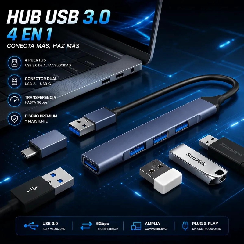 HUB USB 4 PUERTOS CON ADAPTADOR TIPO C PARA CONEXIONES MULTIPLES - 2