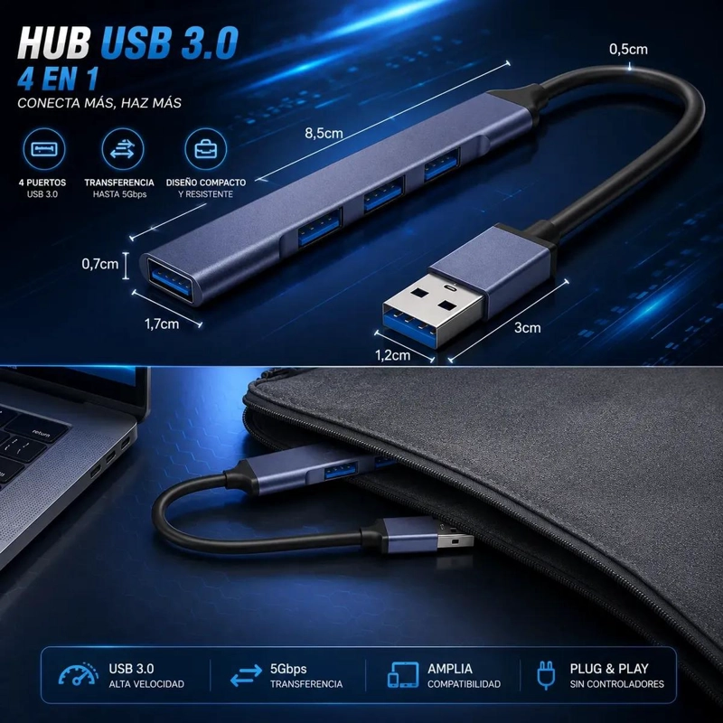 HUB USB 4 PUERTOS CON ADAPTADOR TIPO C PARA CONEXIONES MULTIPLES - 4