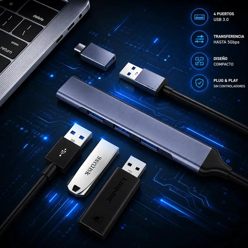 HUB USB 4 PUERTOS CON ADAPTADOR TIPO C PARA CONEXIONES MULTIPLES - 6