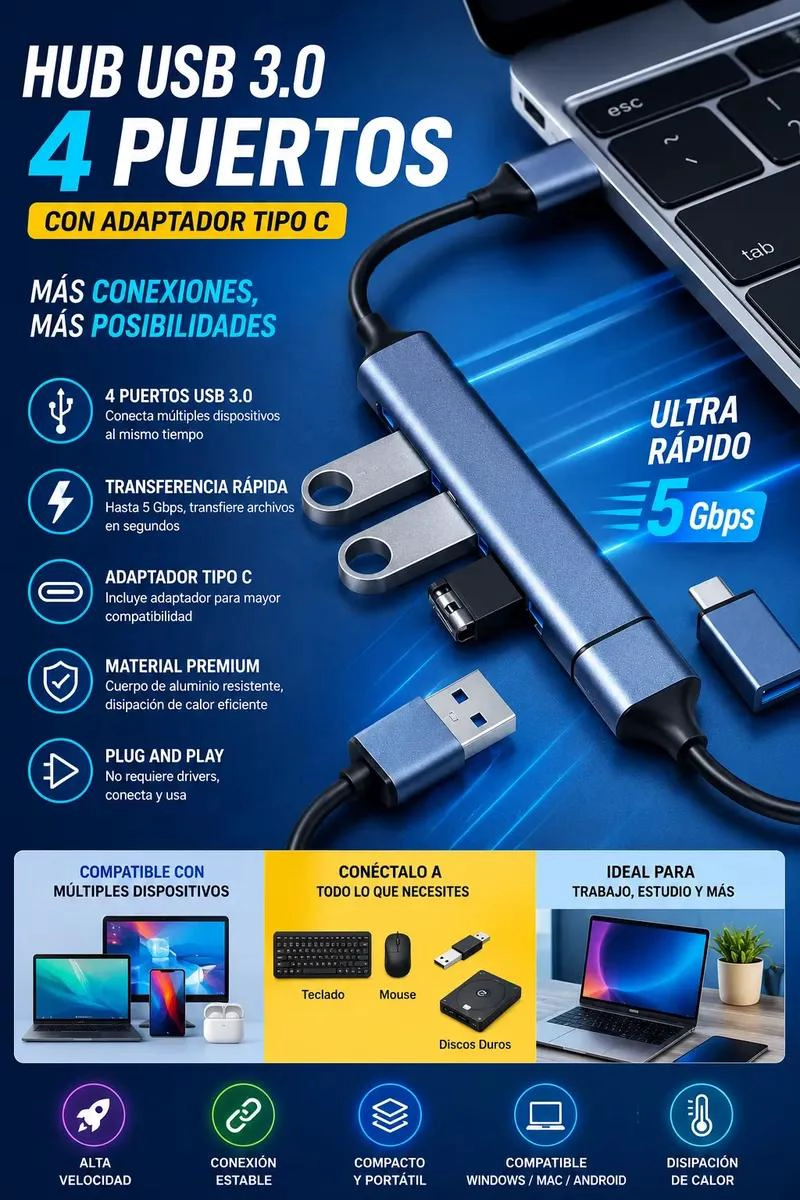 HUB USB 3.0 MULTIPUERTO TIPO C COMPACTO Y PORTATIL - 1