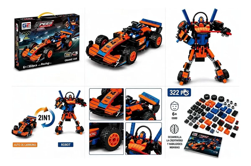 JUGUETE ARMABLE 2 EN 1: AUTO DE CARRERA Y ROBOT DE 322 PIEZAS - 1