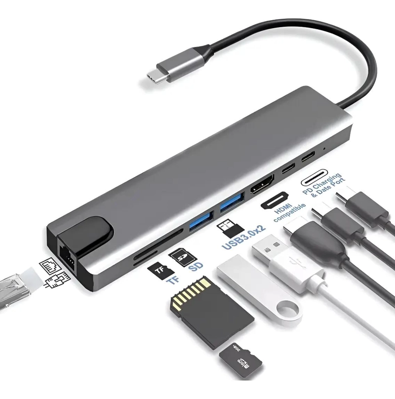 ADAPTADOR USB TIPO C 8 EN 1 CON ETHERNET Y HDMI - 1