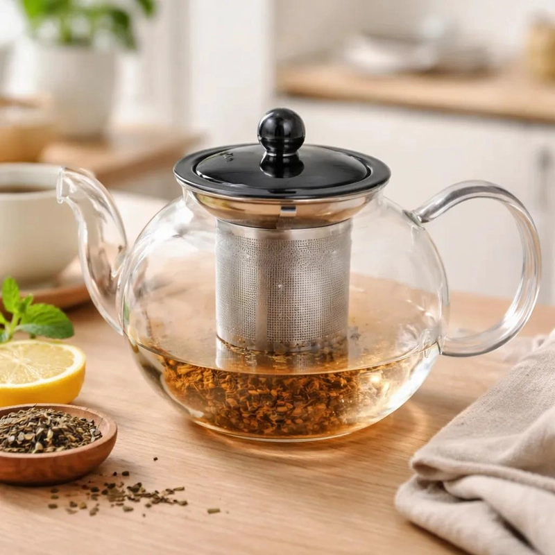 TETERA DE VIDRIO REDONDA CON INFUSOR DE 800ML PARA INFUSIONES - 3