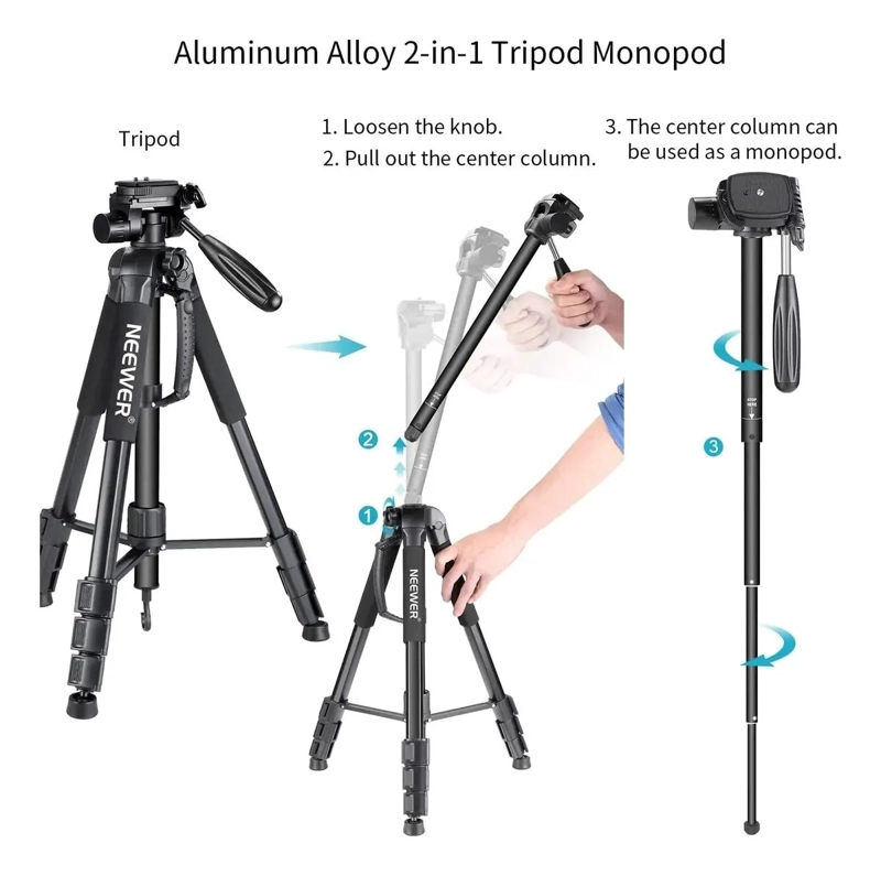 TRIPODE 2 EN 1 DE ALUMINIO PARA CAMARA CON CABEZAL GIRATORIO - 5