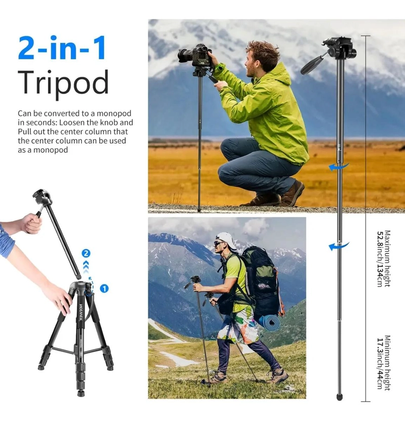 TRIPODE 2 EN 1 DE ALUMINIO PARA CAMARA CON CABEZAL GIRATORIO - 6