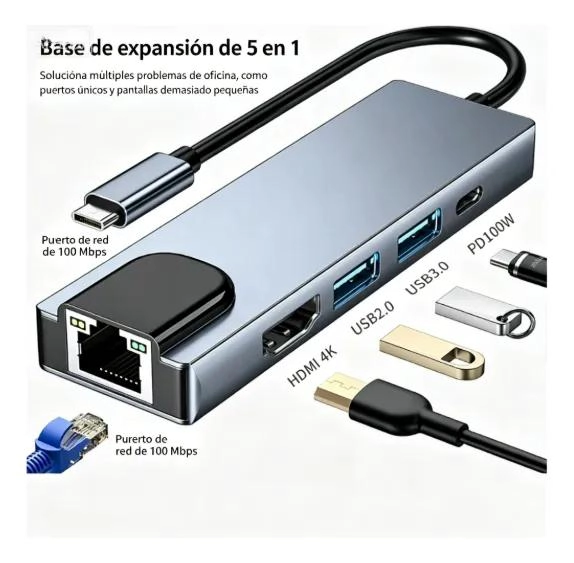 ADAPTADOR USB TIPO C 5 EN 1 CON HDMI Y PUERTOS USB - 2
