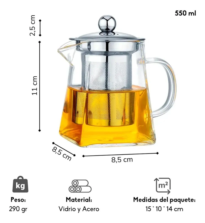 TETERA DE VIDRIO RESISTENTE AL FUEGO CON INFUSOR DE ACERO 550 ML - 2