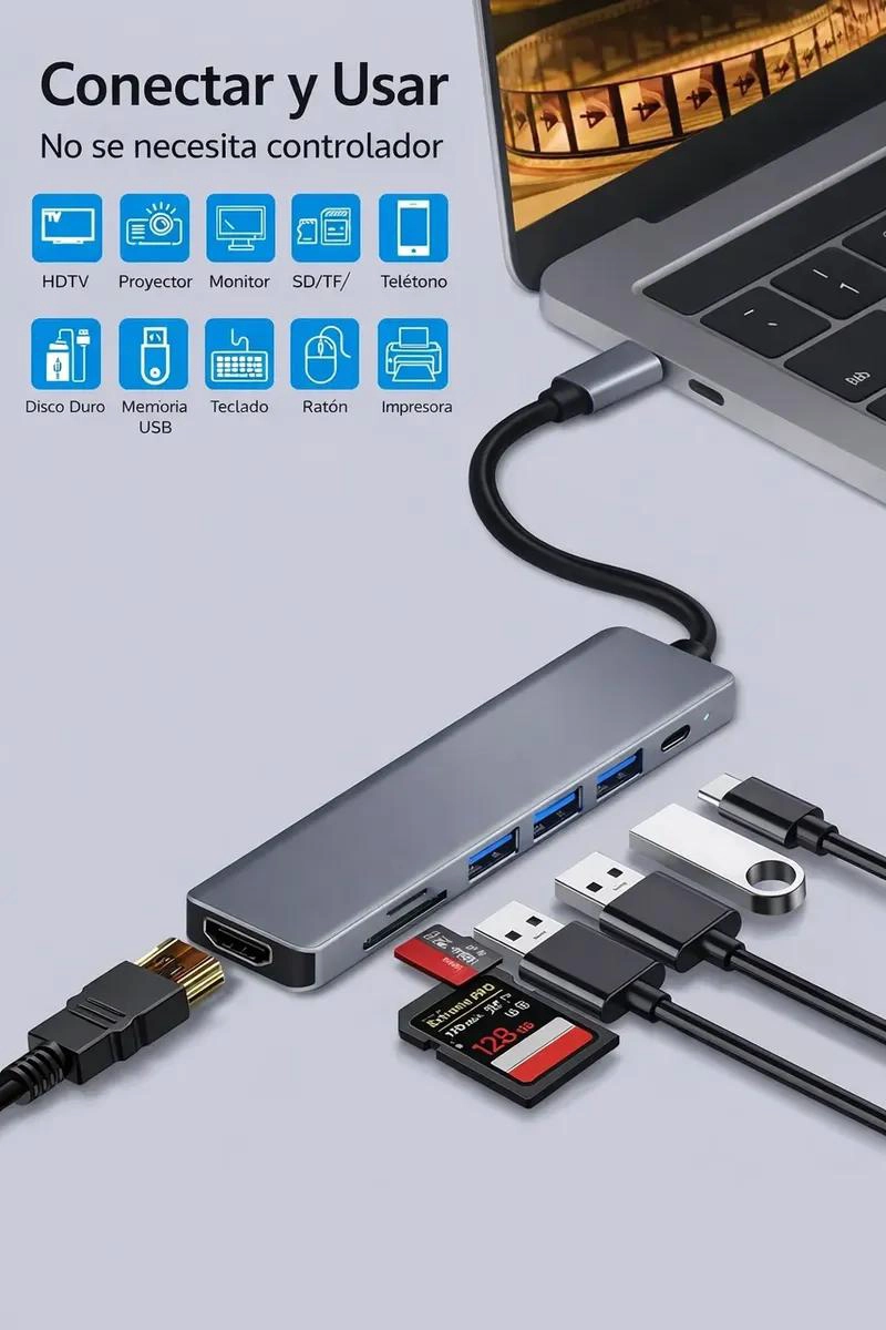 HUB USB TIPO C 7 EN 1 CON HDMI 4K Y CARGA RAPIDA - 2