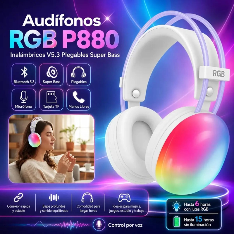 AUDIFONOS INALAMBRICOS P880 CON ILUMINACION RGB Y SONIDO POTENTE - 2