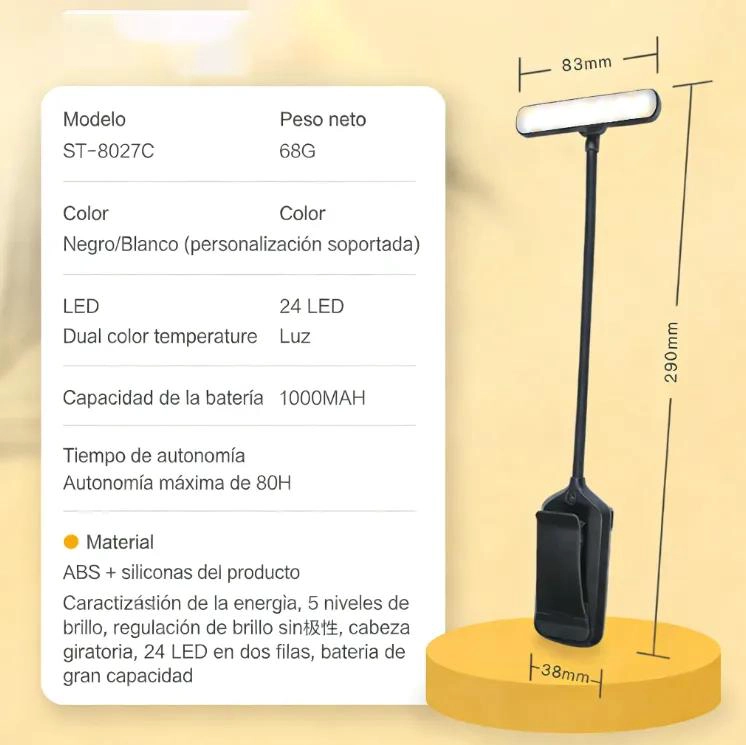 LAMPARA LED RECARGABLE CON PINZA Y CABEZAL GIRATORIO - 5