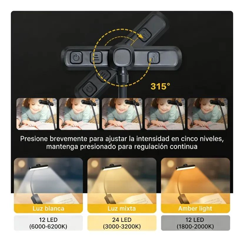 LAMPARA DE LECTURA LED RECARGABLE CON PINZA Y LUZ GIRATORIA - 4