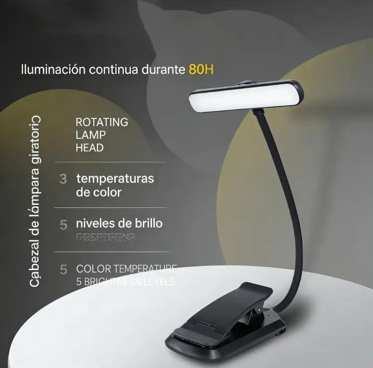 LAMPARA DE LECTURA LED RECARGABLE CON PINZA Y LUZ GIRATORIA - 8