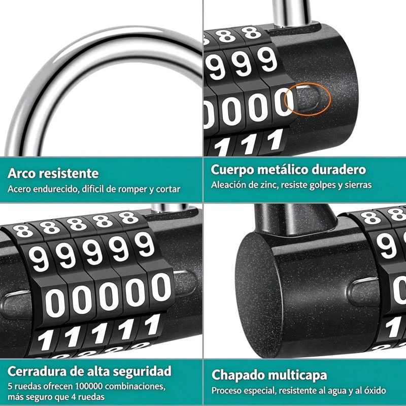 CANDADO DE COMBINACION 5 DIGITOS PARA SEGURIDAD EN CASILLEROS - 5