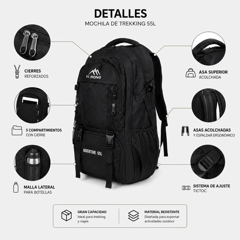 MOCHILA DE TREKKING IMPERMEABLE 55 LITROS CON COMPARTIMIENTOS - 4