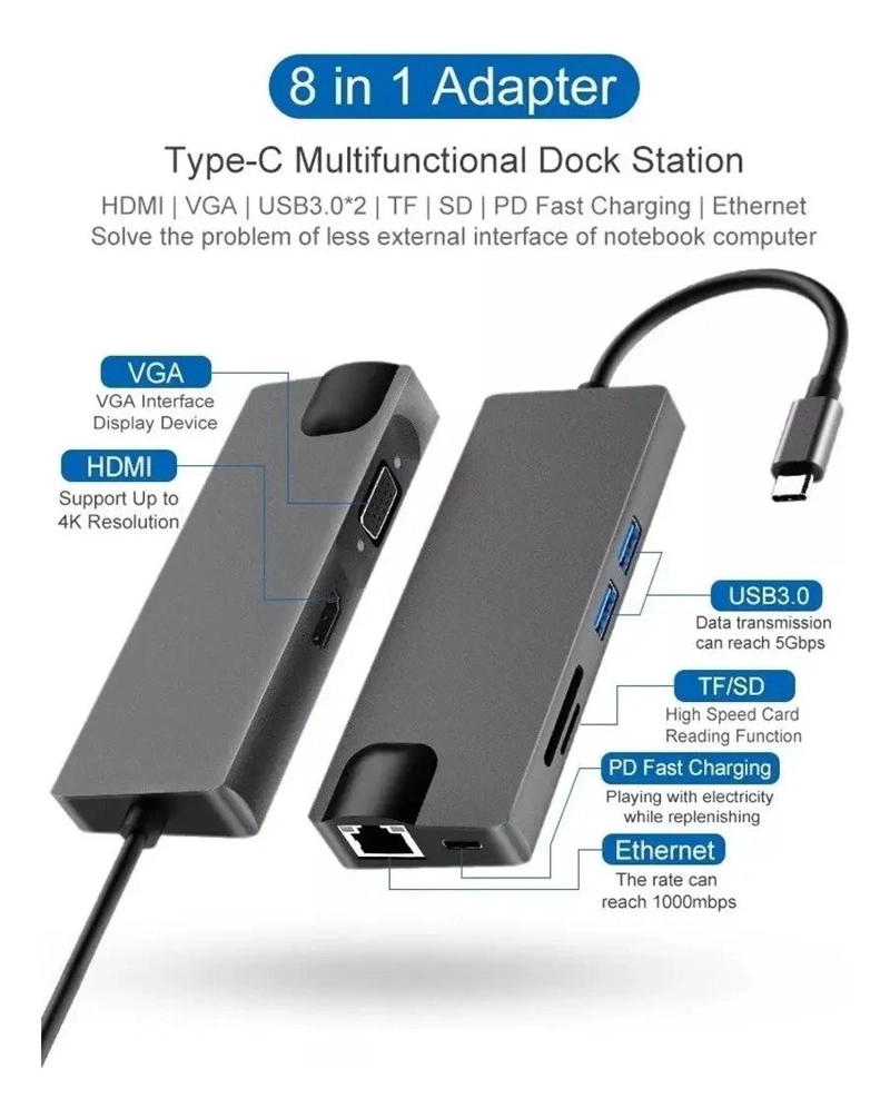 HUB USB TIPO C CON HDMI, VGA Y LECTOR DE TARJETAS SD - 7