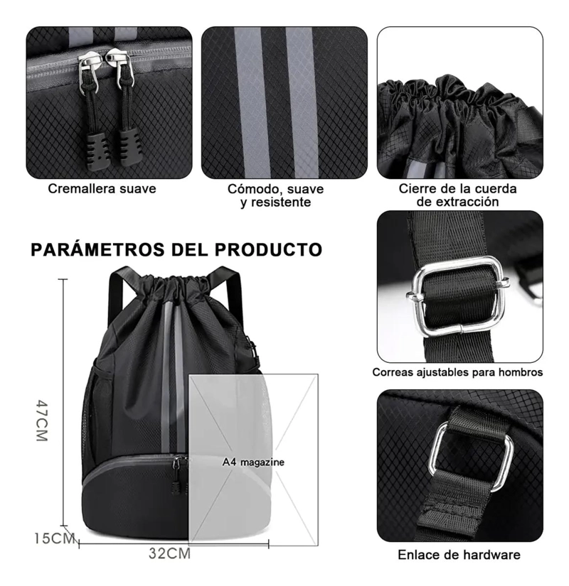 MOCHILA DEPORTIVA IMPERMEABLE CON DISEÑO DE CORDON Y GRAN CAPACIDAD - 2