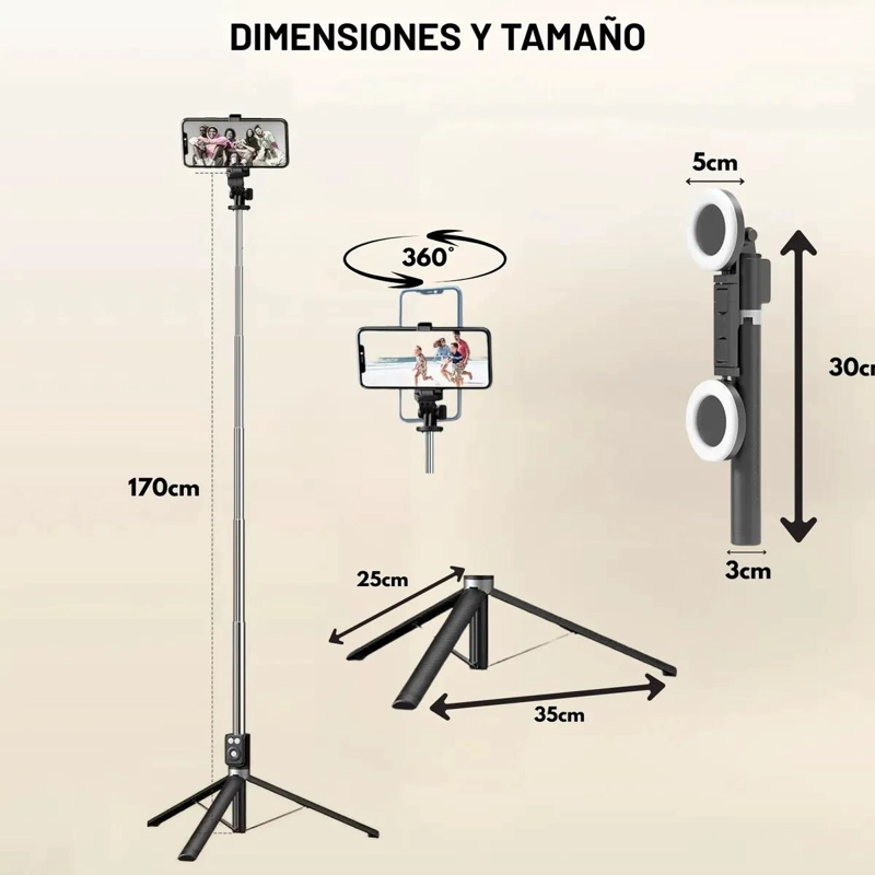 TRIPODE Y PALO SELFIE 170 CM CON LUCES LED Y CONTROL REMOTO - 2