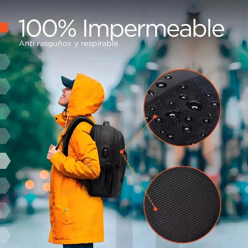 MOCHILA IMPERMEABLE ANTIRROBO CON PUERTO USB Y COMPARTIMENTOS - 5