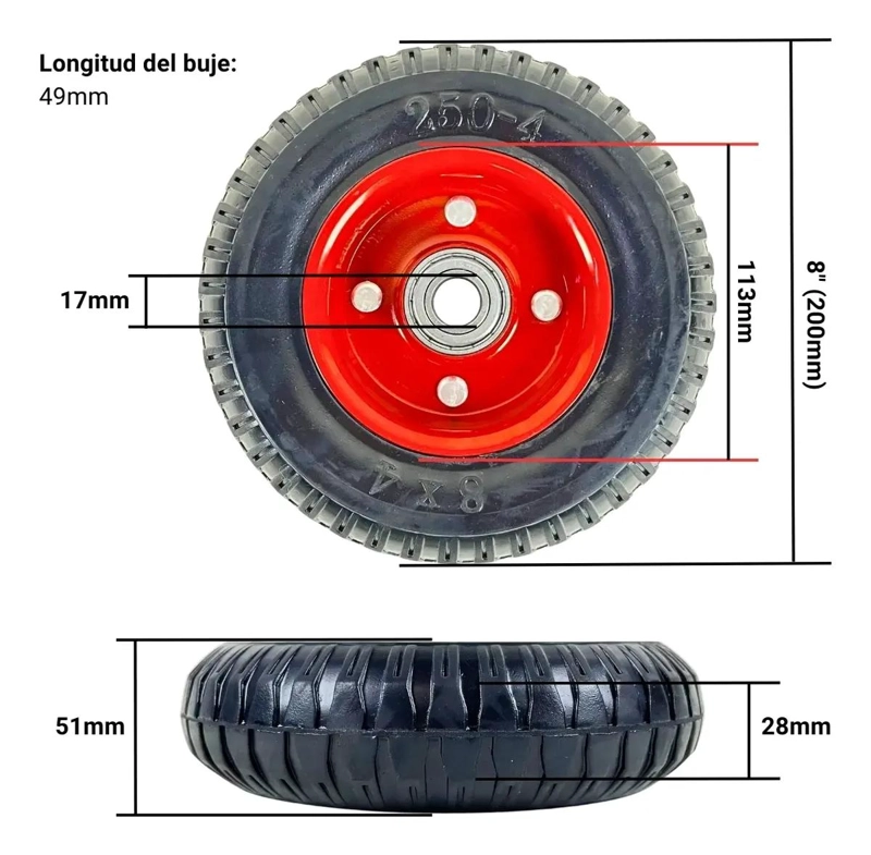 RUEDA MACIZA REFORZADA DE 8 PULGADAS PARA CARRO MANUAL - 3