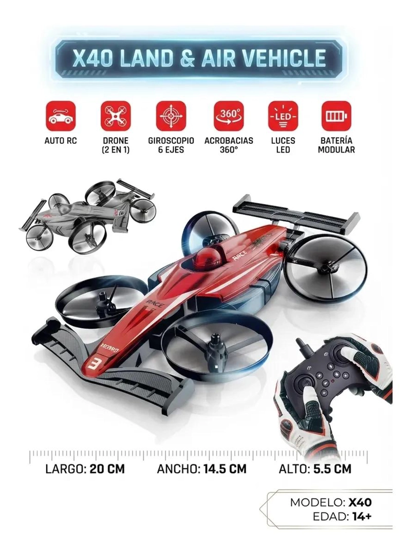 VEHICULO 2 EN 1: AUTO RC Y DRON ACROBATICO CON GIROSCOPIO - 2