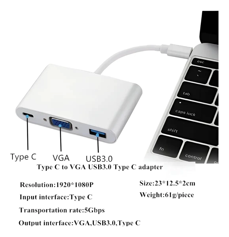 ADAPTADOR HUB TIPO C A VGA Y USB 3.0 3 EN 1 - 7