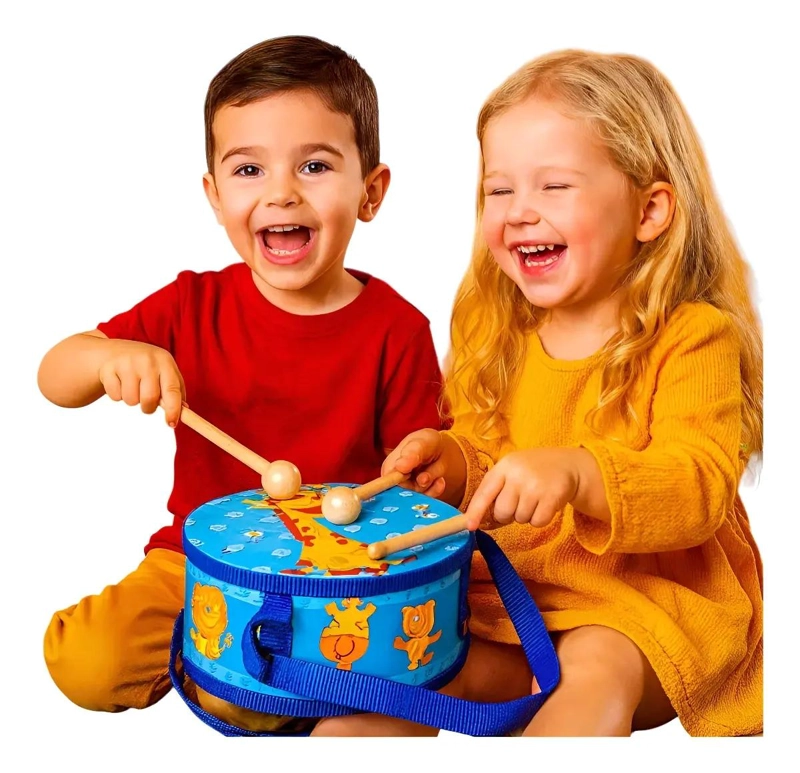 TAMBOR MUSICAL INFANTIL DE MADERA CON CORREA Y BAQUETAS - 1