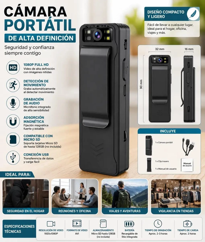CAMARA PORTATIL COMPACTA 1080P FULL HD CON DETECCION DE MOVIMIENTO - 3