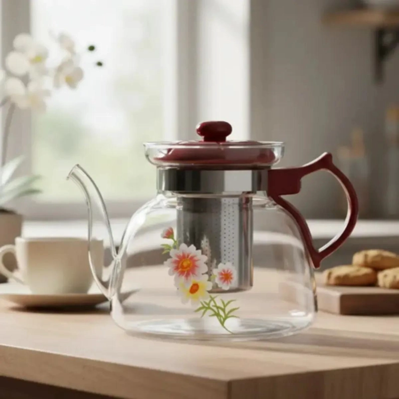 TETERA DE VIDRIO CON INFUSOR DE ACERO 1400ML DISEÑO FLORAL - 1