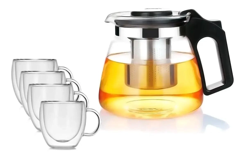 TETERA DE VIDRIO CON INFUSOR Y 4 TAZAS DOBLE PARED TERMO - 1