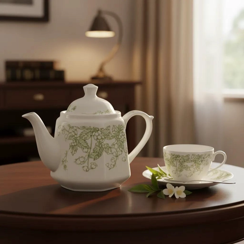 TETERA DE PORCELANA BLANCA CON DISEÑO BOTANICO Y FLORES - 1