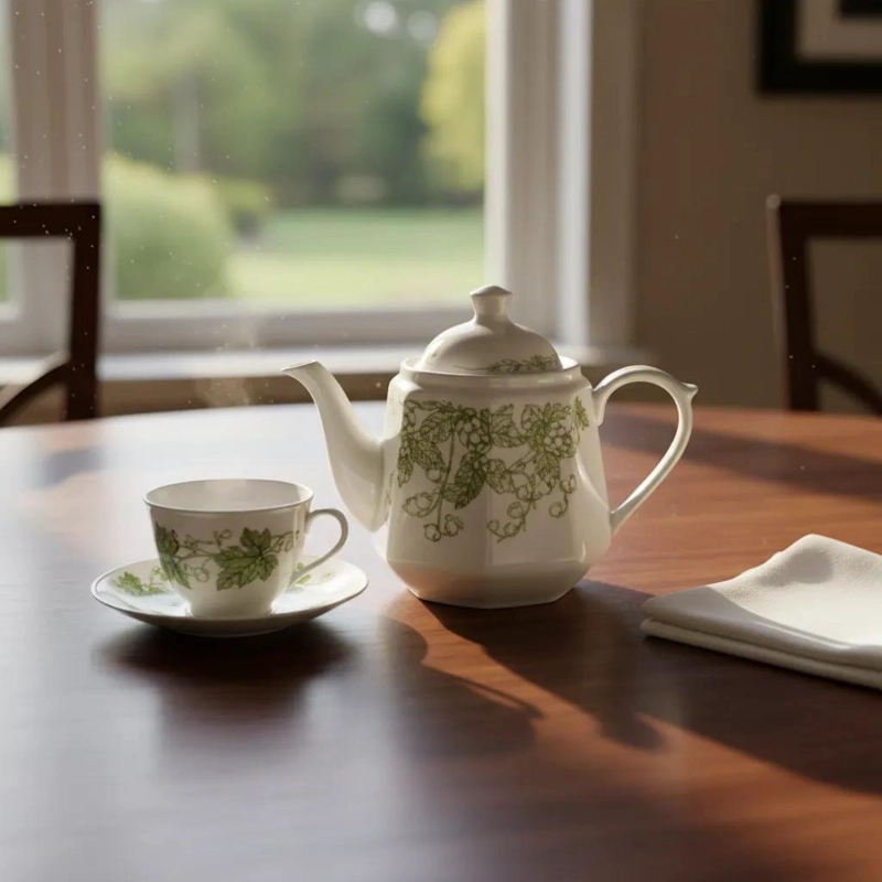 TETERA DE PORCELANA BLANCA CON DISEÑO BOTANICO Y FLORES - 3