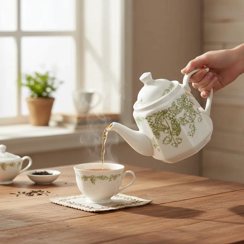 TETERA DE PORCELANA BLANCA CON DISEÑO BOTANICO Y FLORES - 4