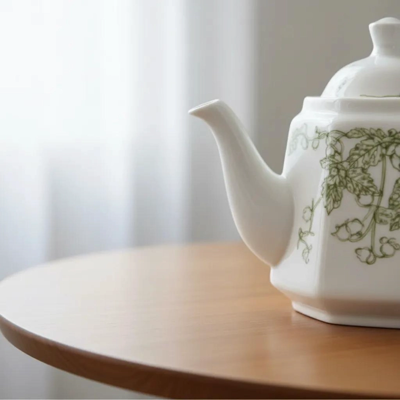 TETERA DE PORCELANA BLANCA CON DISEÑO BOTANICO Y FLORES - 5