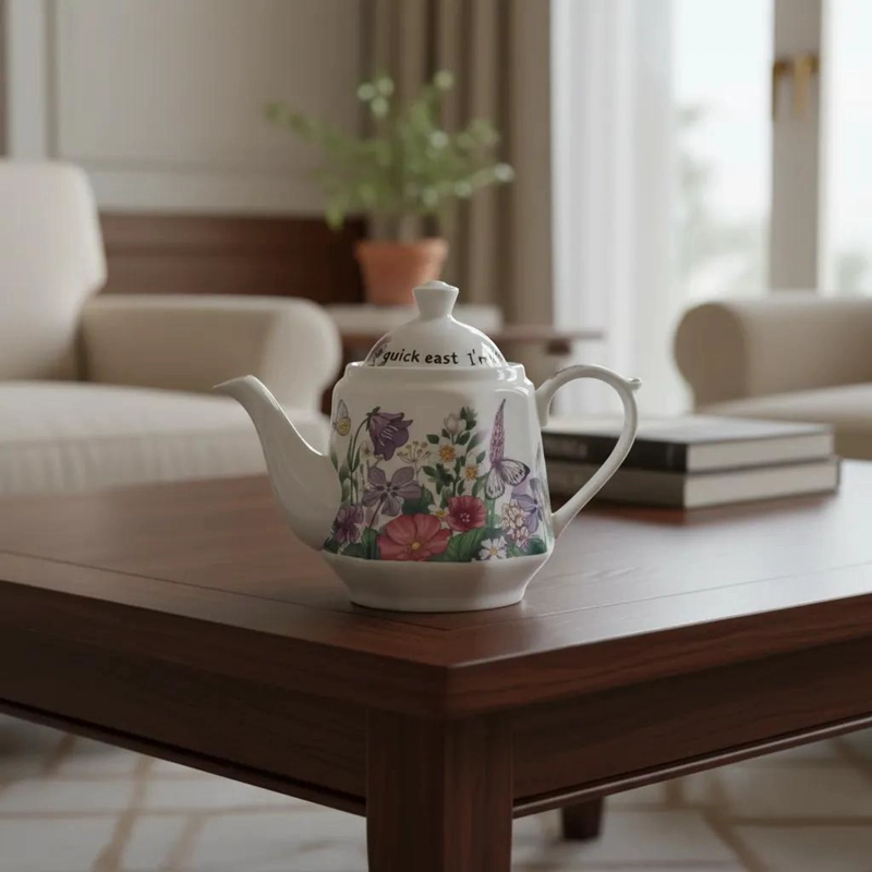 TETERA DE CERAMICA BLANCA CON DISEÑO FLORAL Y MARIPOSAS - 1