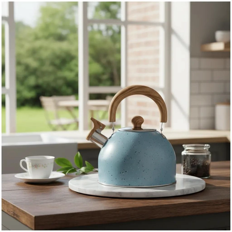 TETERA DE METAL AZUL CON MANGO DE MADERA DE 4 LITROS - 1