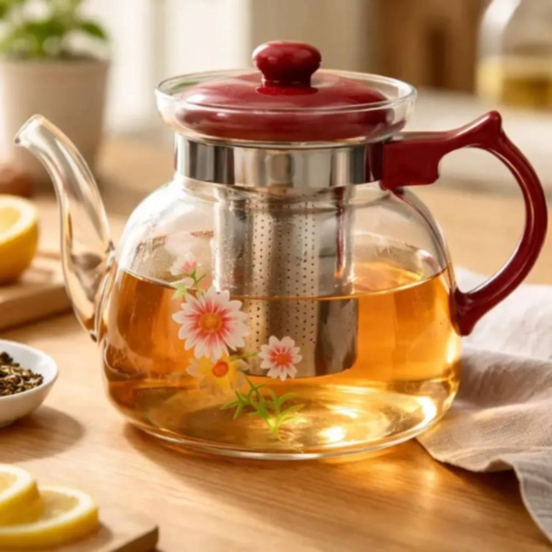 TETERA DE VIDRIO CON INFUSOR DE ACERO 1100ML DISEÑO FLORAL - 1