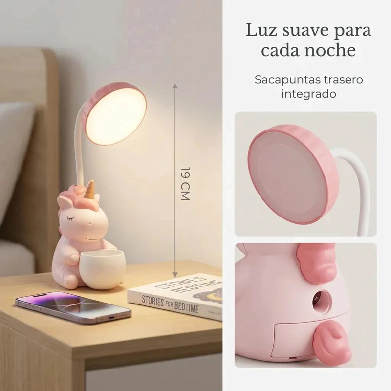 LAMPARA DE ESCRITORIO INFANTIL UNICORNIO ROSA CON SACAPUNTAS - 2