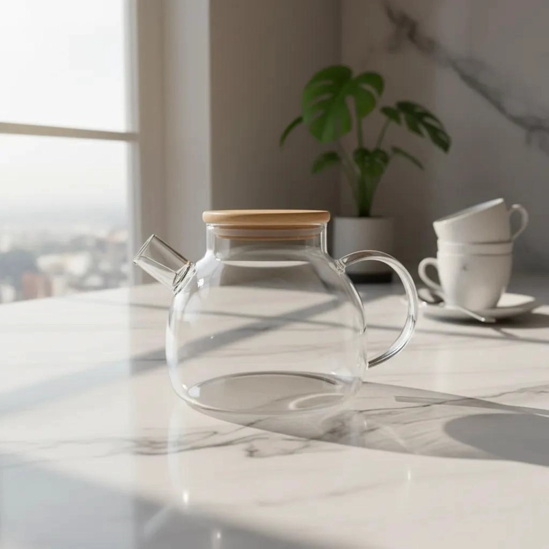 TETERA DE VIDRIO TRANSPARENTE CON TAPA DE MADERA ELEGANTE - 1