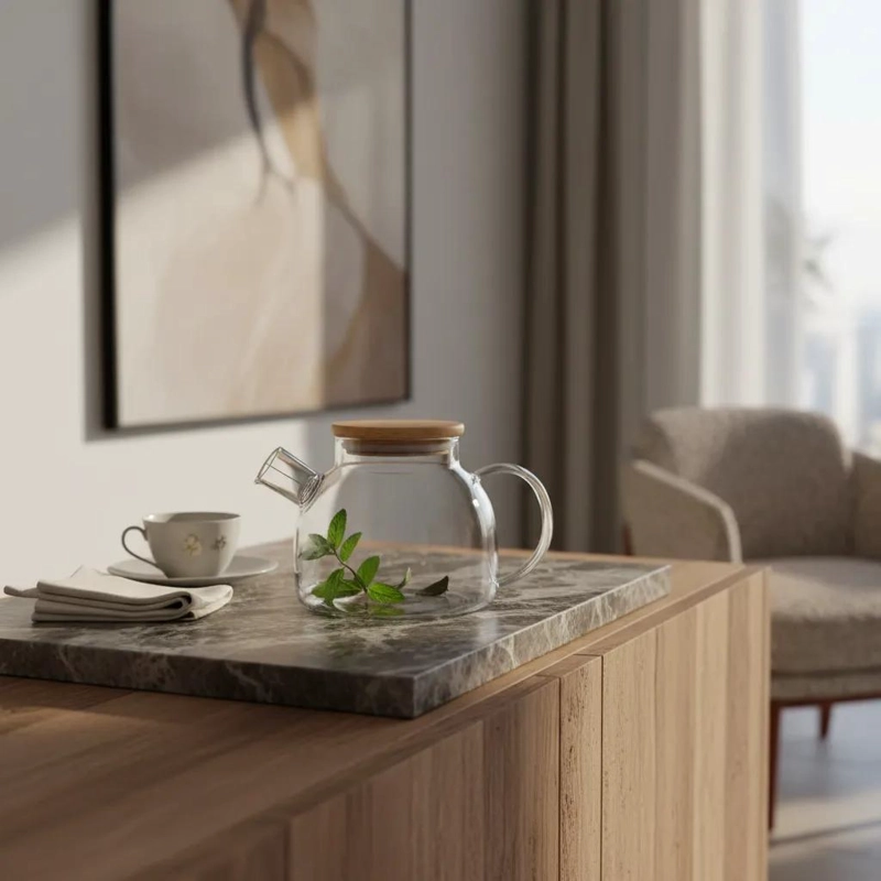 TETERA DE VIDRIO TRANSPARENTE CON TAPA DE MADERA ELEGANTE - 2