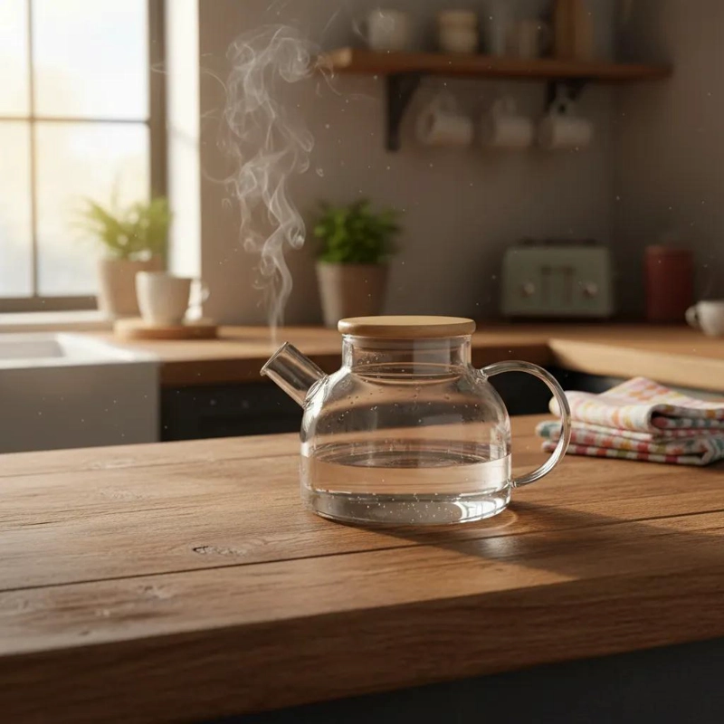 TETERA DE VIDRIO TRANSPARENTE CON TAPA DE MADERA ELEGANTE - 3