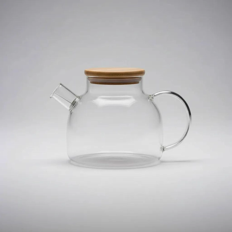 TETERA DE VIDRIO TRANSPARENTE CON TAPA DE MADERA ELEGANTE - 4