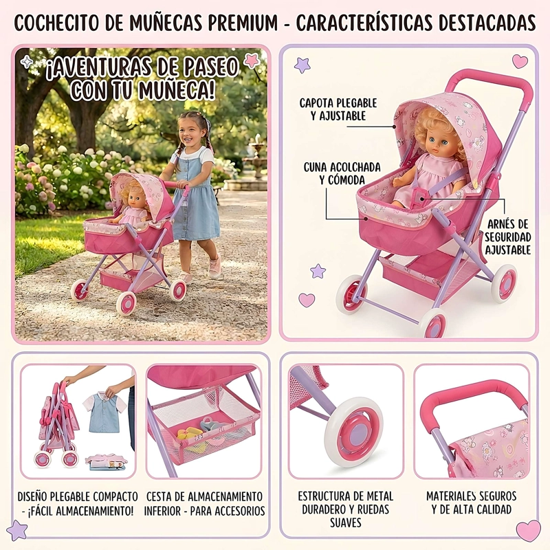 COCHE CUNA PARA MUÑECAS METALICO GRANDE ROSADO - 4