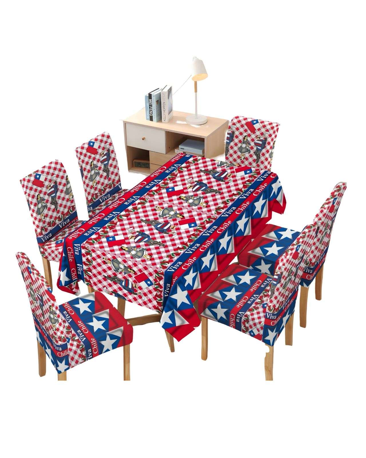 MANTEL FIESTAS PATRIAS DE TELA CON FUNDAS DE SILLAS ELASTICADAS M4 - 1