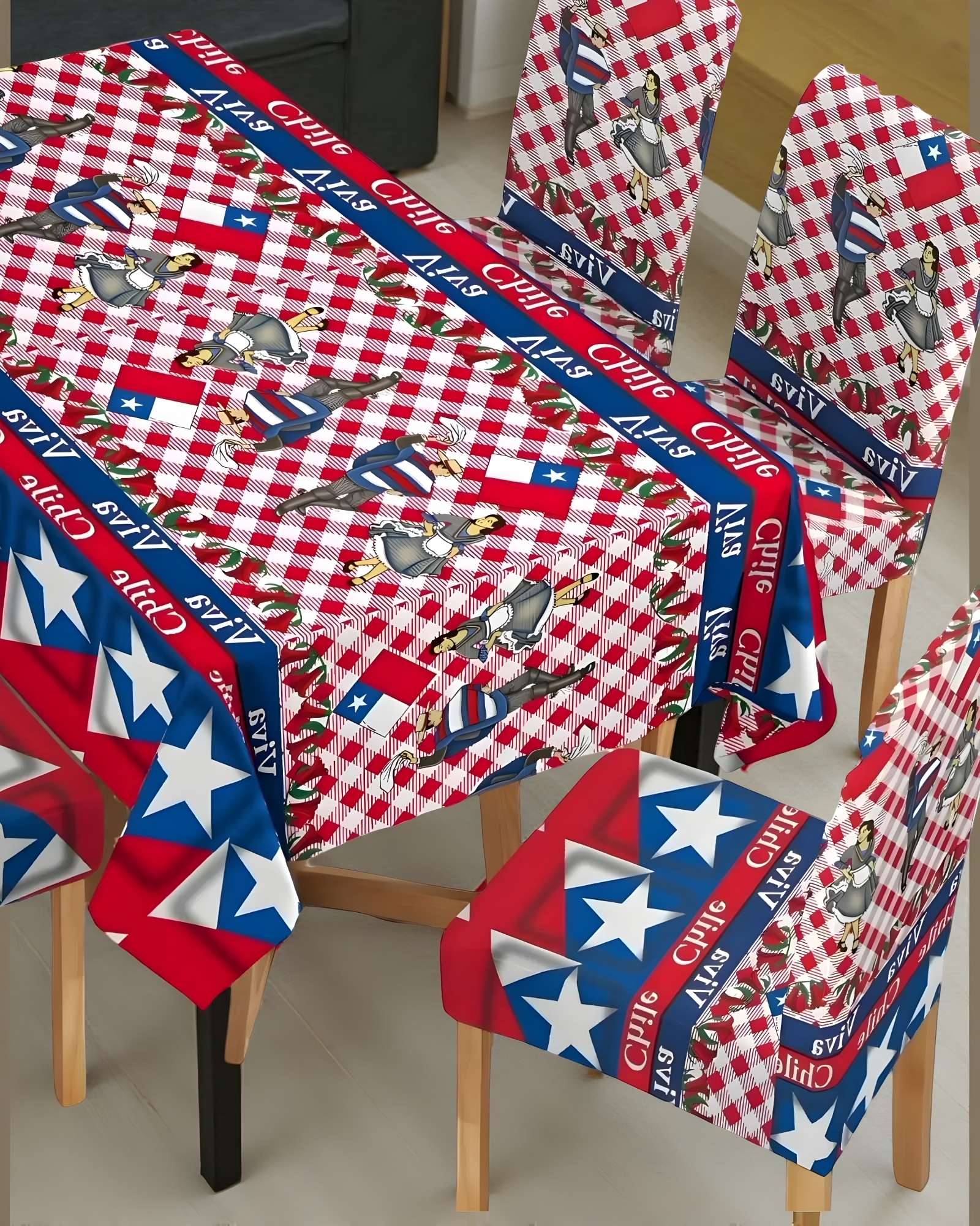 MANTEL FIESTAS PATRIAS DE TELA CON FUNDAS DE SILLAS ELASTICADAS M4 - 3
