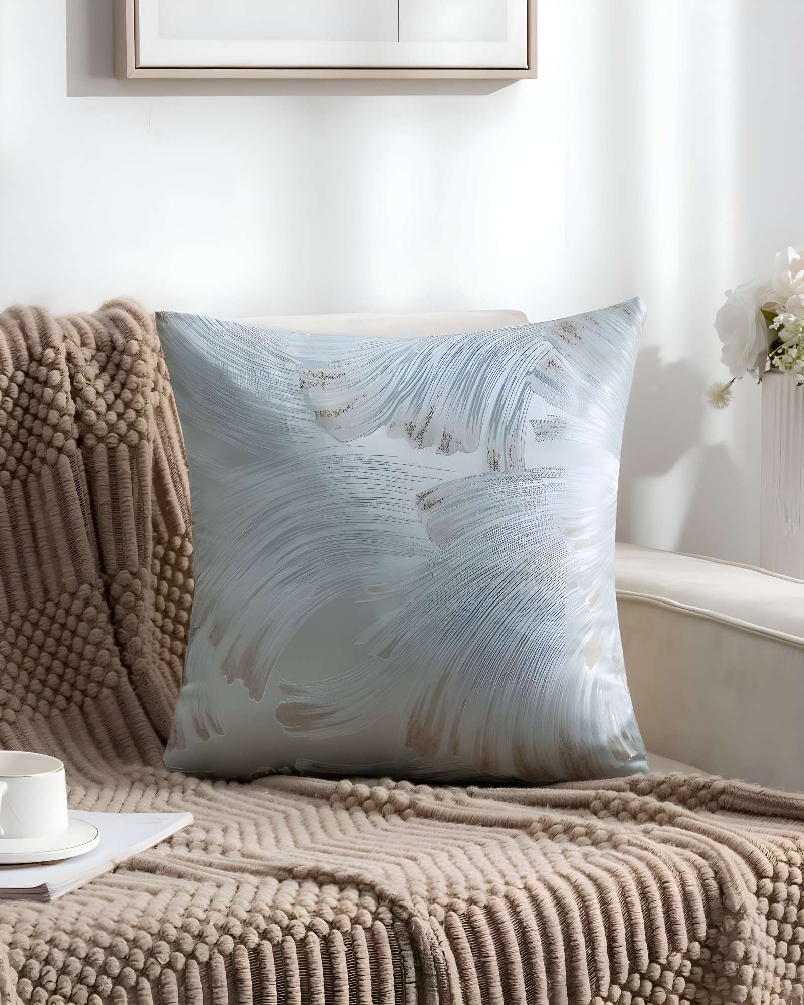 SET DE 2 FUNDAS DE COJINES SATIN DISEÑO HOJAS 45CM X 45 CM CELESTE - 4