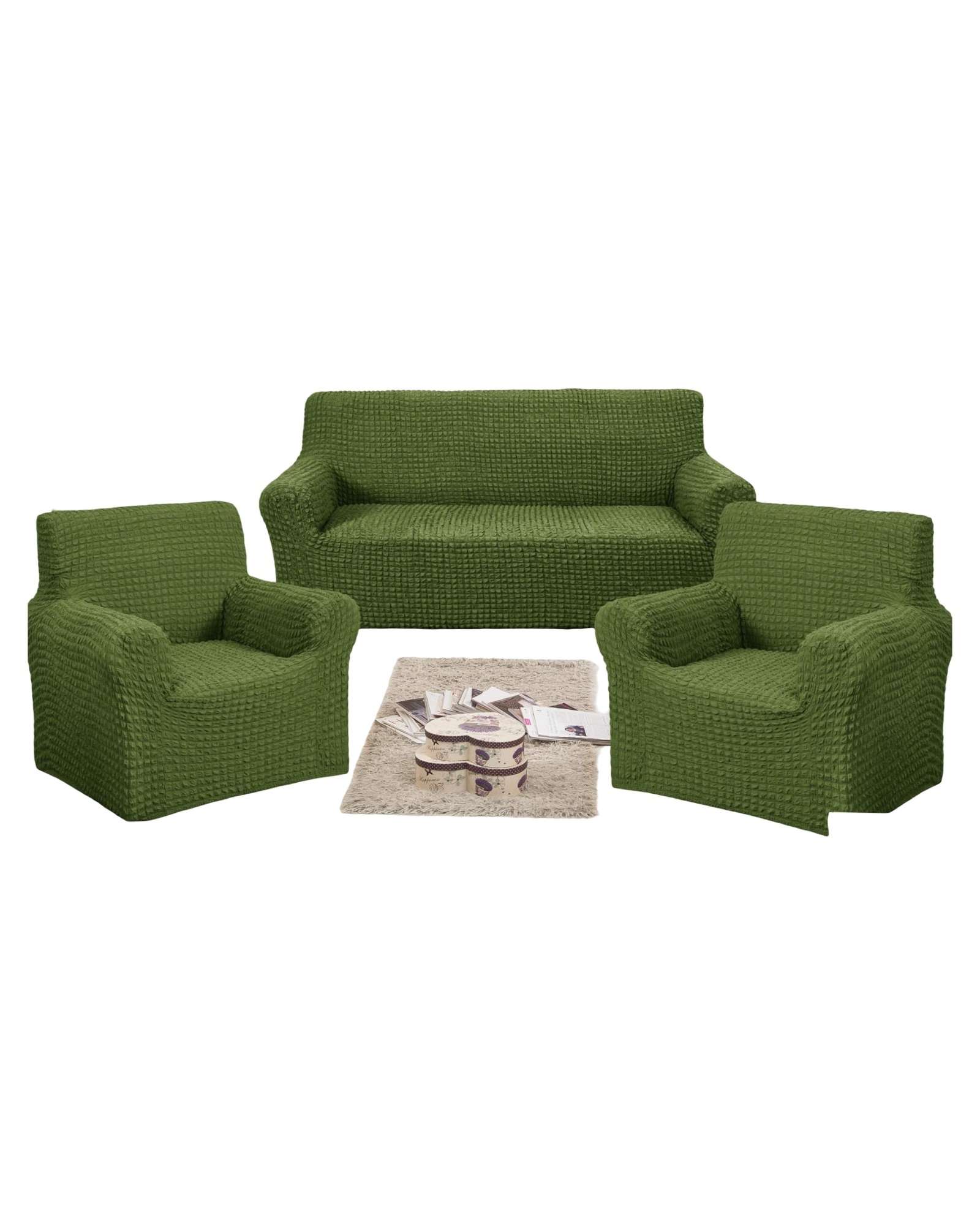 PACK DE FUNDAS DE SOFA 3+1+1 - DISEÑO CUADRILLE VERDE OLIVA - 1