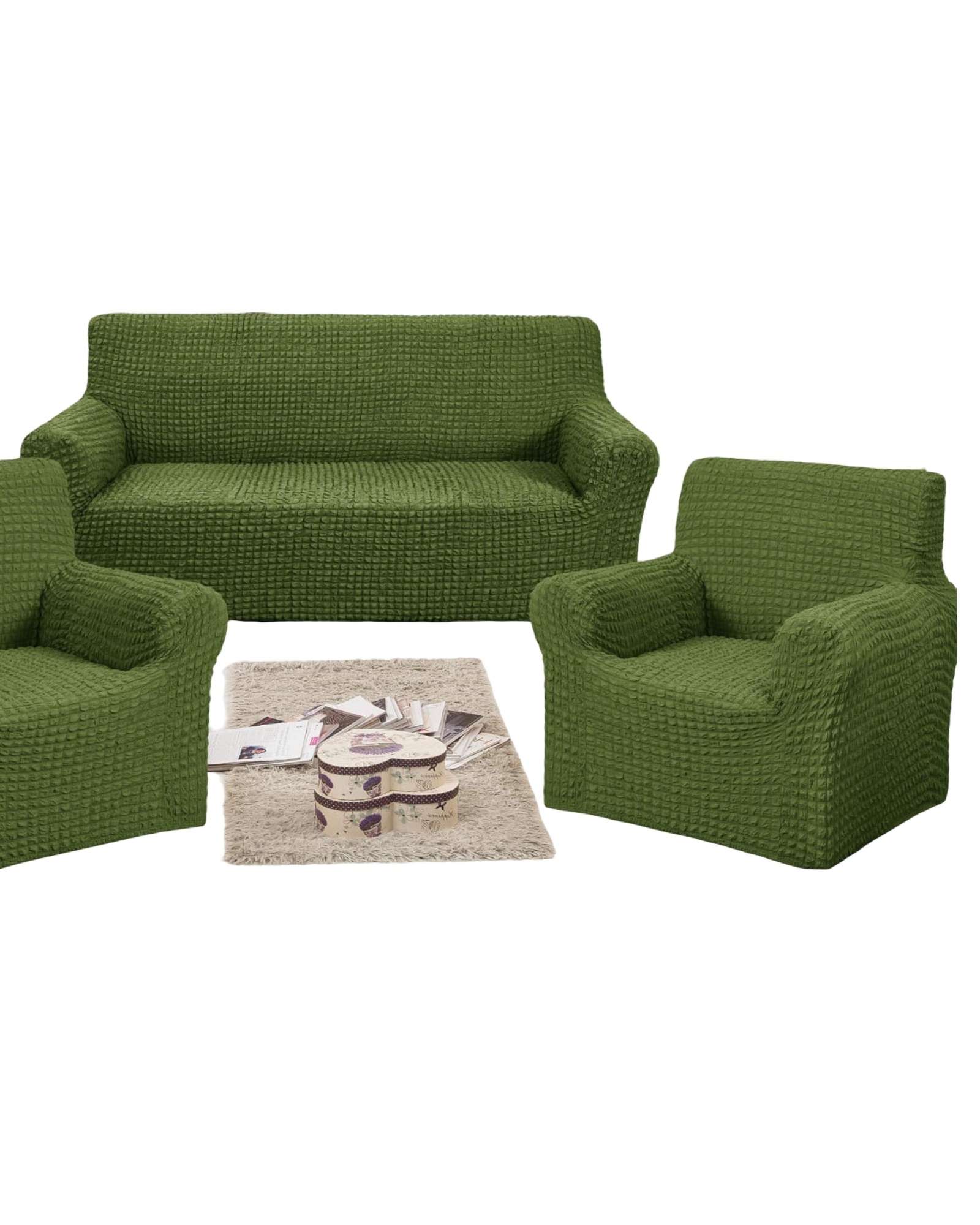 PACK DE FUNDAS DE SOFA 3+1+1 - DISEÑO CUADRILLE VERDE OLIVA - 2