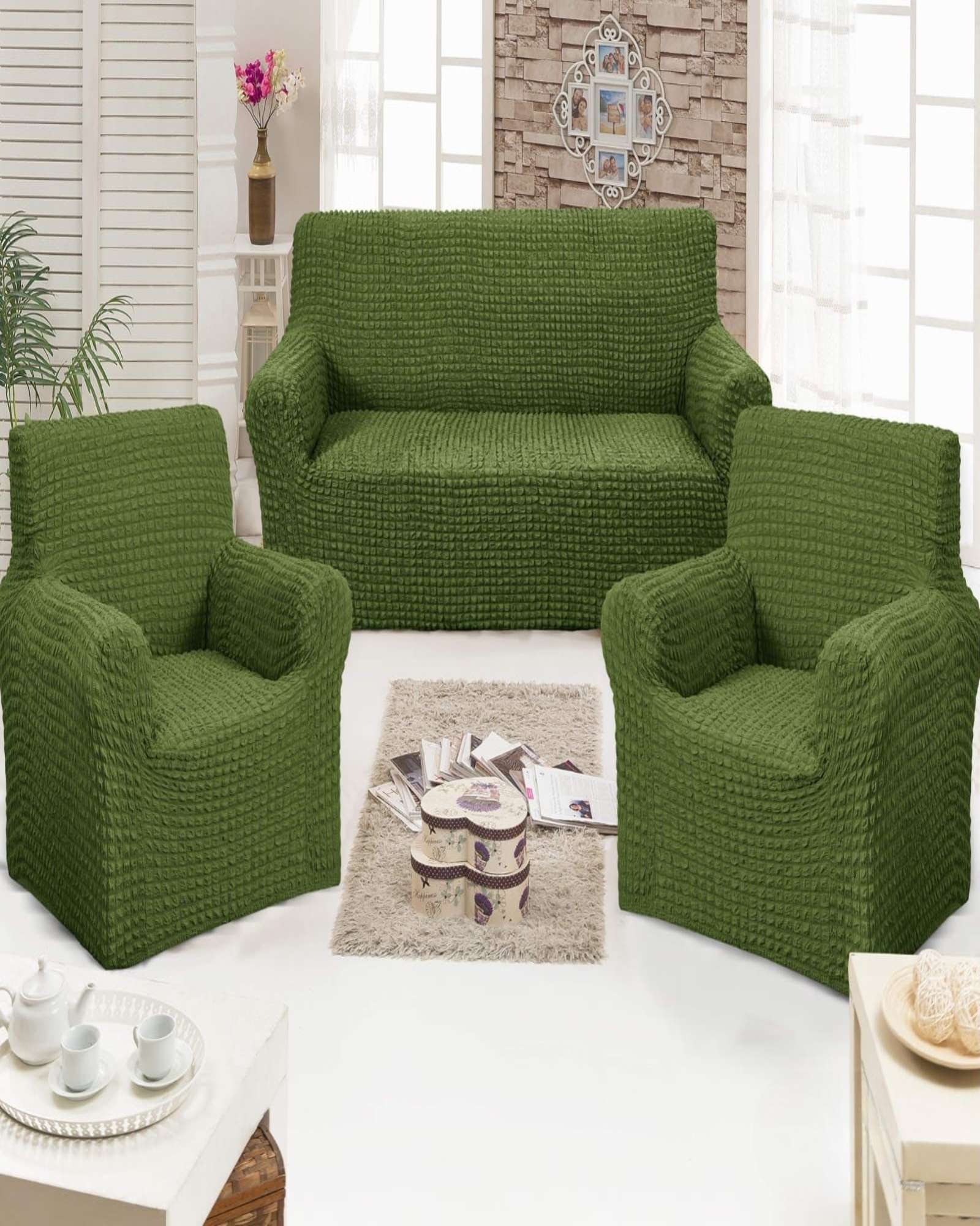 PACK DE FUNDAS DE SOFA 3+1+1 - DISEÑO CUADRILLE VERDE OLIVA - 4