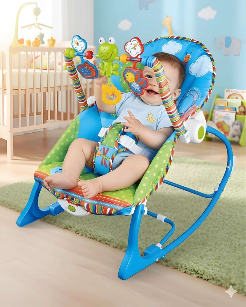 SILLA MECEDORA INFANTIL CON MELODIAS Y ARCO DE JUEGOS AZUL - 4